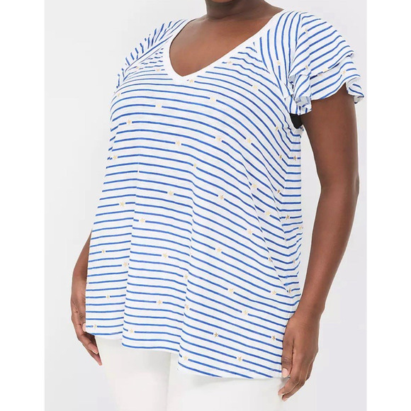 Lane Bryant Flutter Sleeve NWT 26/28 Blue Stripe Star Print Spring‎ Novelty Top - Picture 1 of 8